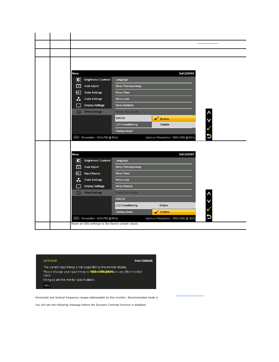 Osd warning messages | Dell 2209WA Monitor User Manual | Page 21 / 35