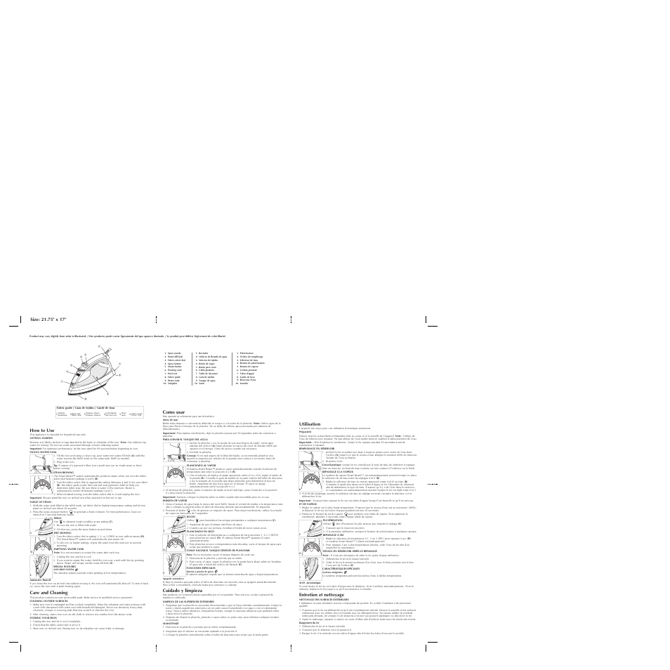 Care and cleaning, Como usar, Cuidado y limpieza | Utilisation, Entretien et nettoyage | Black & Decker LIGHT N EASY F975 User Manual | Page 2 / 2