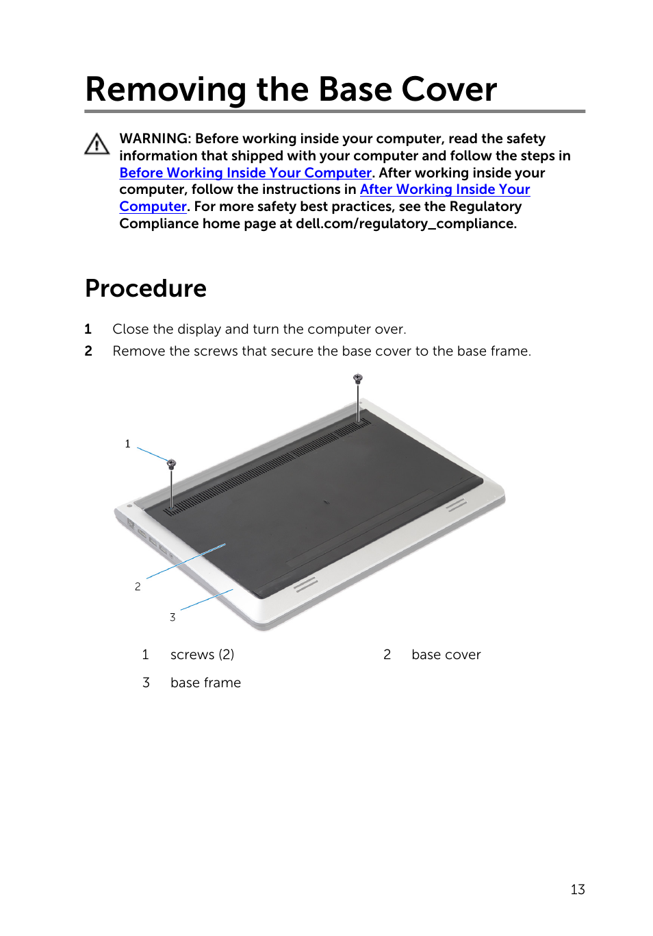 Removing the base cover, Procedure | Dell Inspiron 15 (5543, Early 2015) User Manual | Page 13 / 93