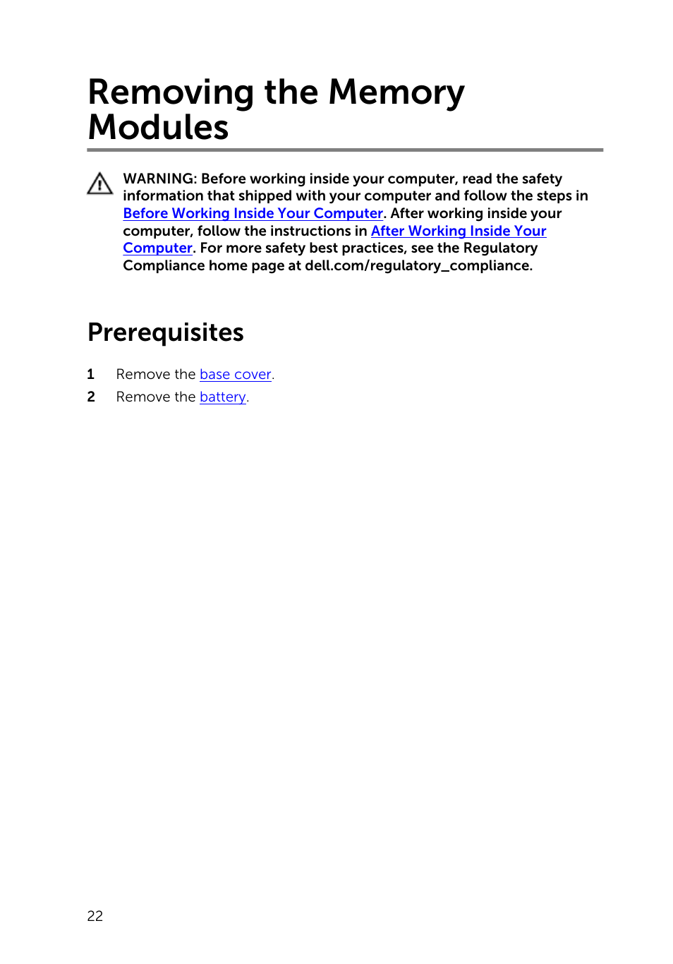 Removing the memory modules, Prerequisites | Dell Inspiron 15 (5543, Early 2015) User Manual | Page 22 / 93