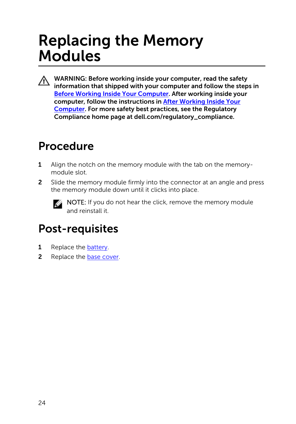 Replacing the memory modules, Procedure, Post-requisites | Dell Inspiron 15 (5543, Early 2015) User Manual | Page 24 / 93