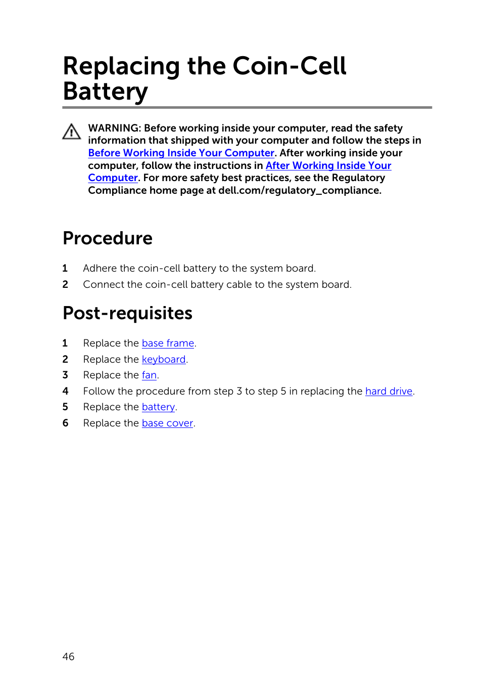 Replacing the coin-cell battery, Procedure, Post-requisites | Dell Inspiron 15 (5543, Early 2015) User Manual | Page 46 / 93