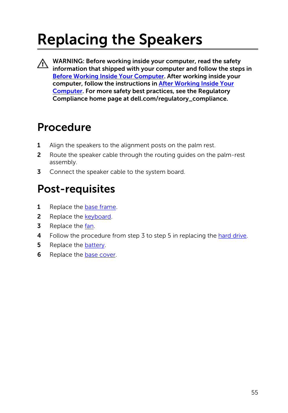 Replacing the speakers, Procedure, Post-requisites | Dell Inspiron 15 (5543, Early 2015) User Manual | Page 55 / 93