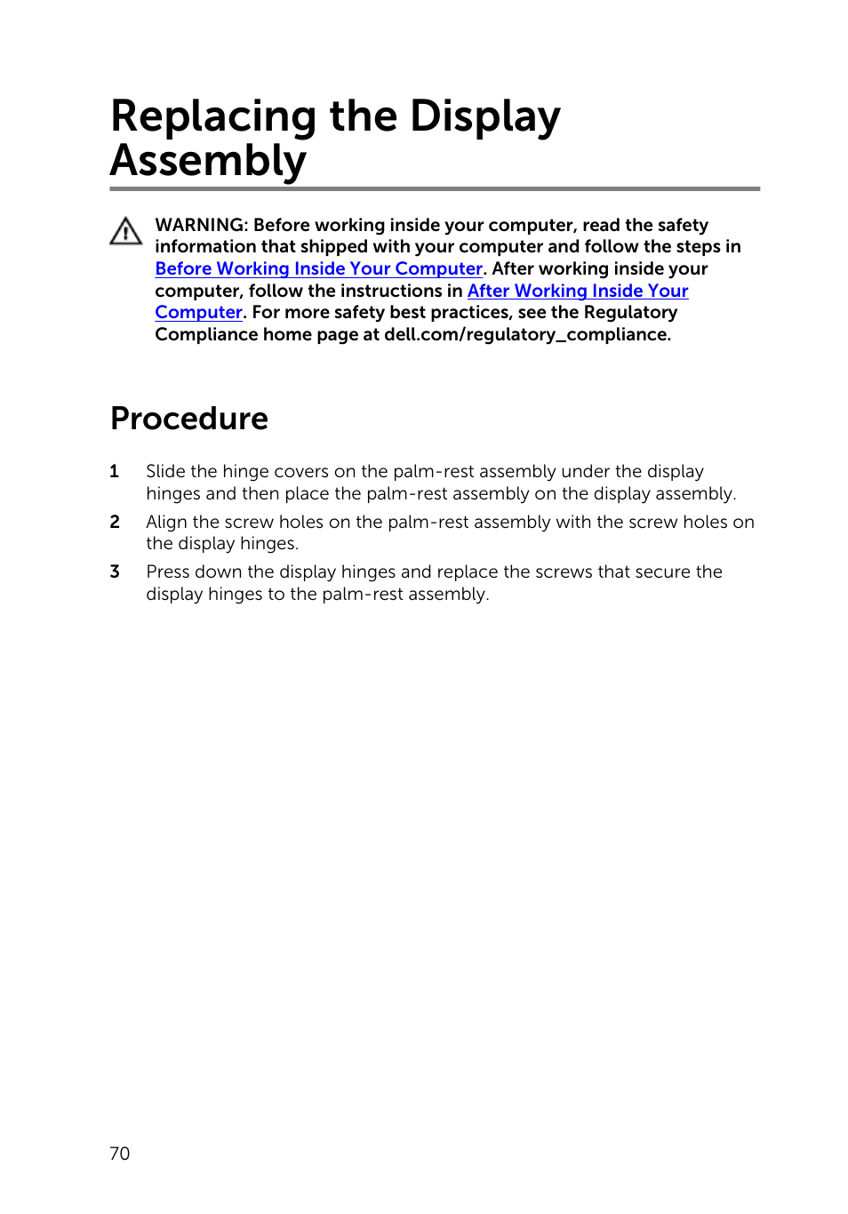 Replacing the display assembly, Procedure, Display assembly | Dell Inspiron 15 (5543, Early 2015) User Manual | Page 70 / 93