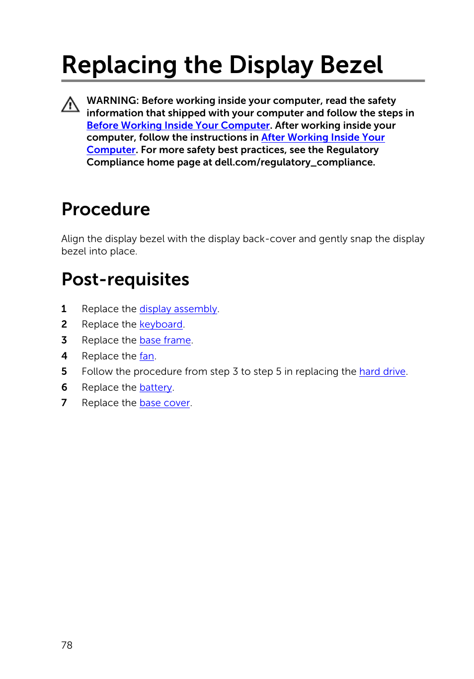 Replacing the display bezel, Procedure, Post-requisites | Dell Inspiron 15 (5543, Early 2015) User Manual | Page 78 / 93