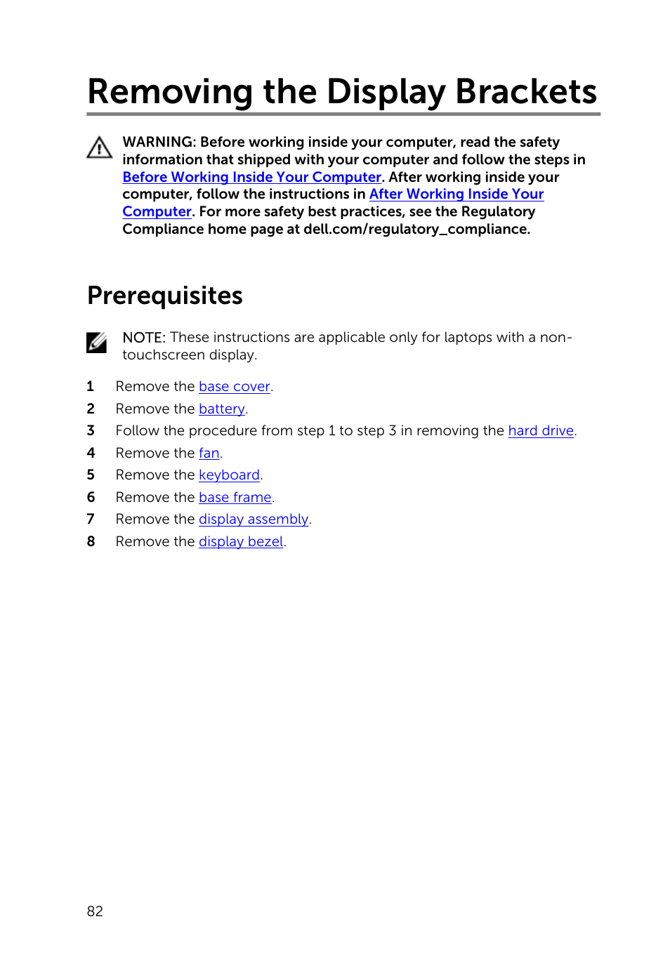 Removing the display brackets, Prerequisites | Dell Inspiron 15 (5543, Early 2015) User Manual | Page 82 / 93