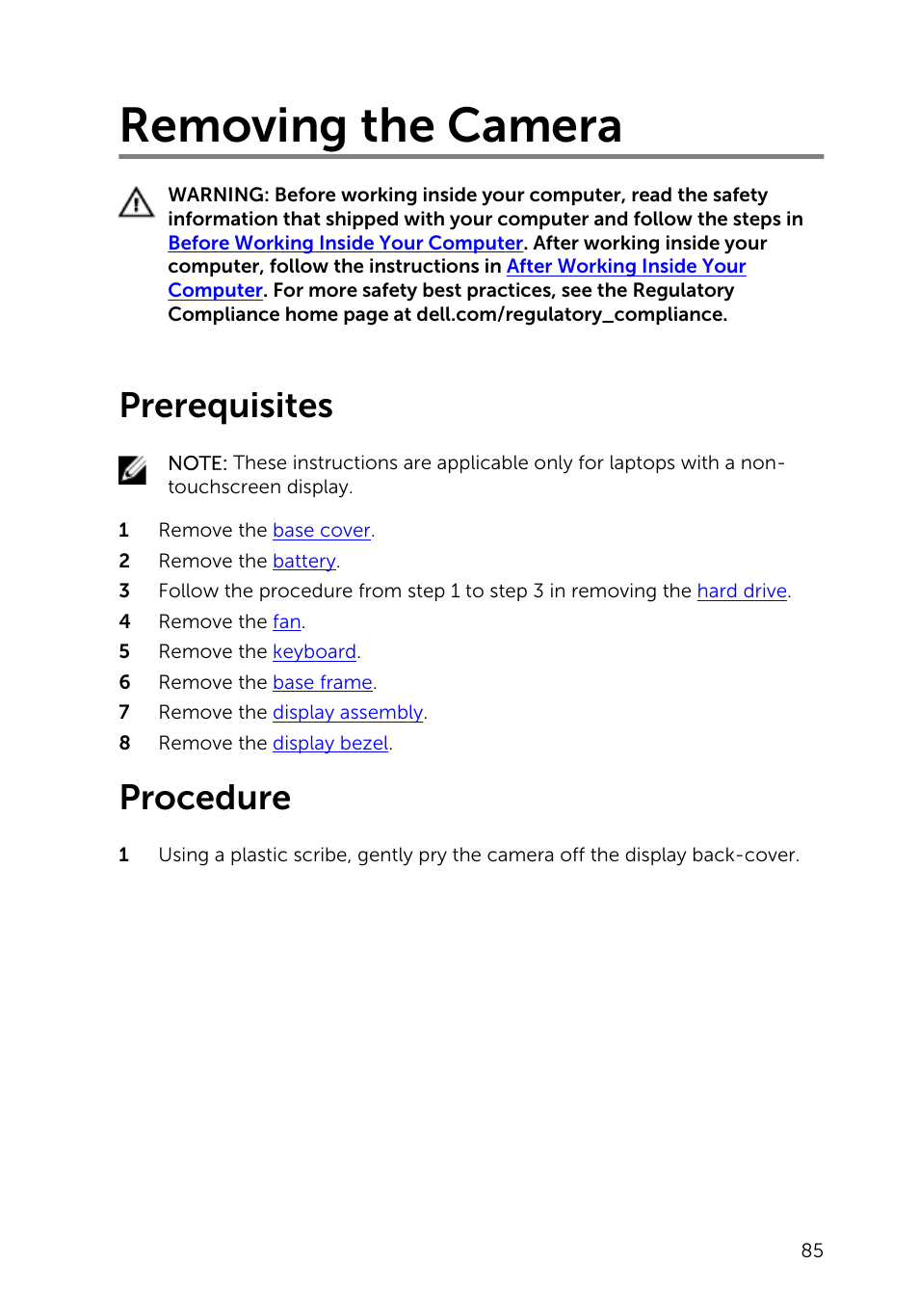 Removing the camera, Prerequisites, Procedure | Dell Inspiron 15 (5543, Early 2015) User Manual | Page 85 / 93