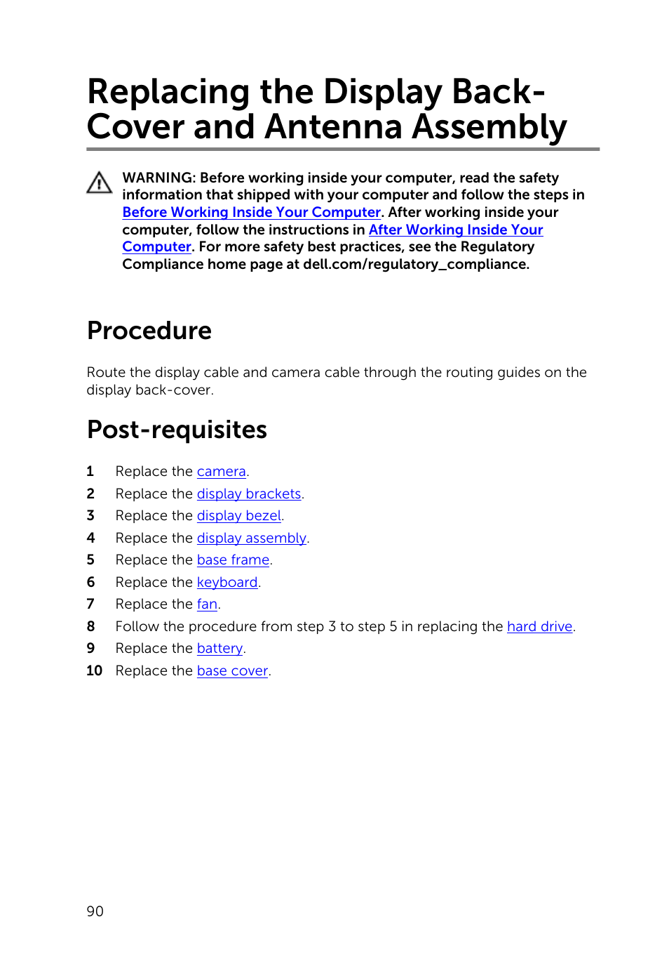 Procedure, Post-requisites, Replacing the display back-cover and antenna | Assembly | Dell Inspiron 15 (5543, Early 2015) User Manual | Page 90 / 93