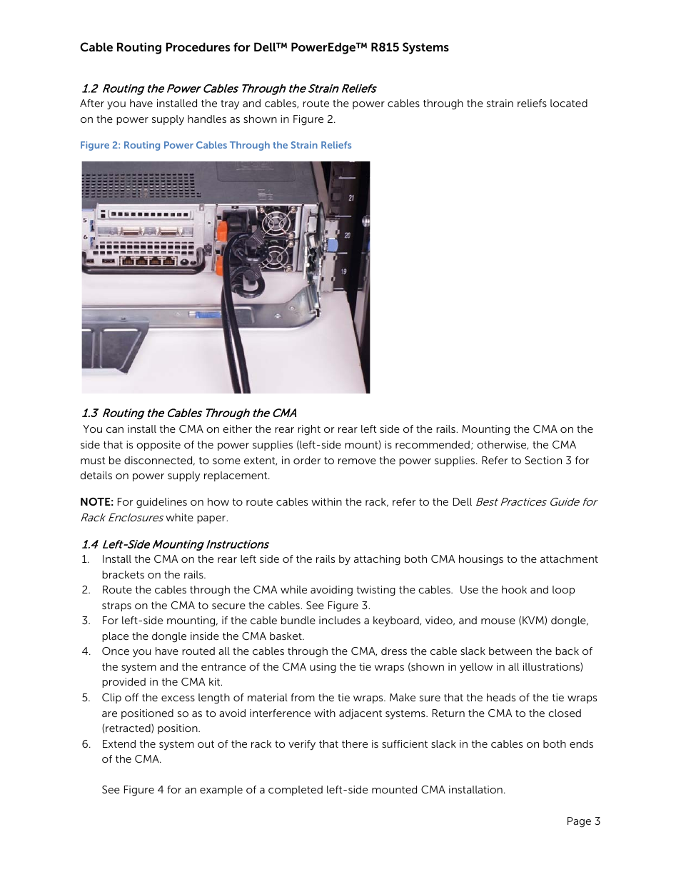 3 routing the cables through the cma, 4 left-side mounting instructions, Routing the cables through the cma | Left-side mounting instructions | Dell PowerEdge R815 User Manual | Page 5 / 9