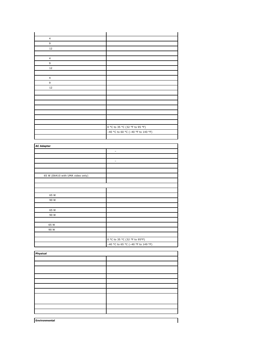 Ac adapter, Physical, Environmental | Dell Latitude E6410 User Manual | Page 13 / 52