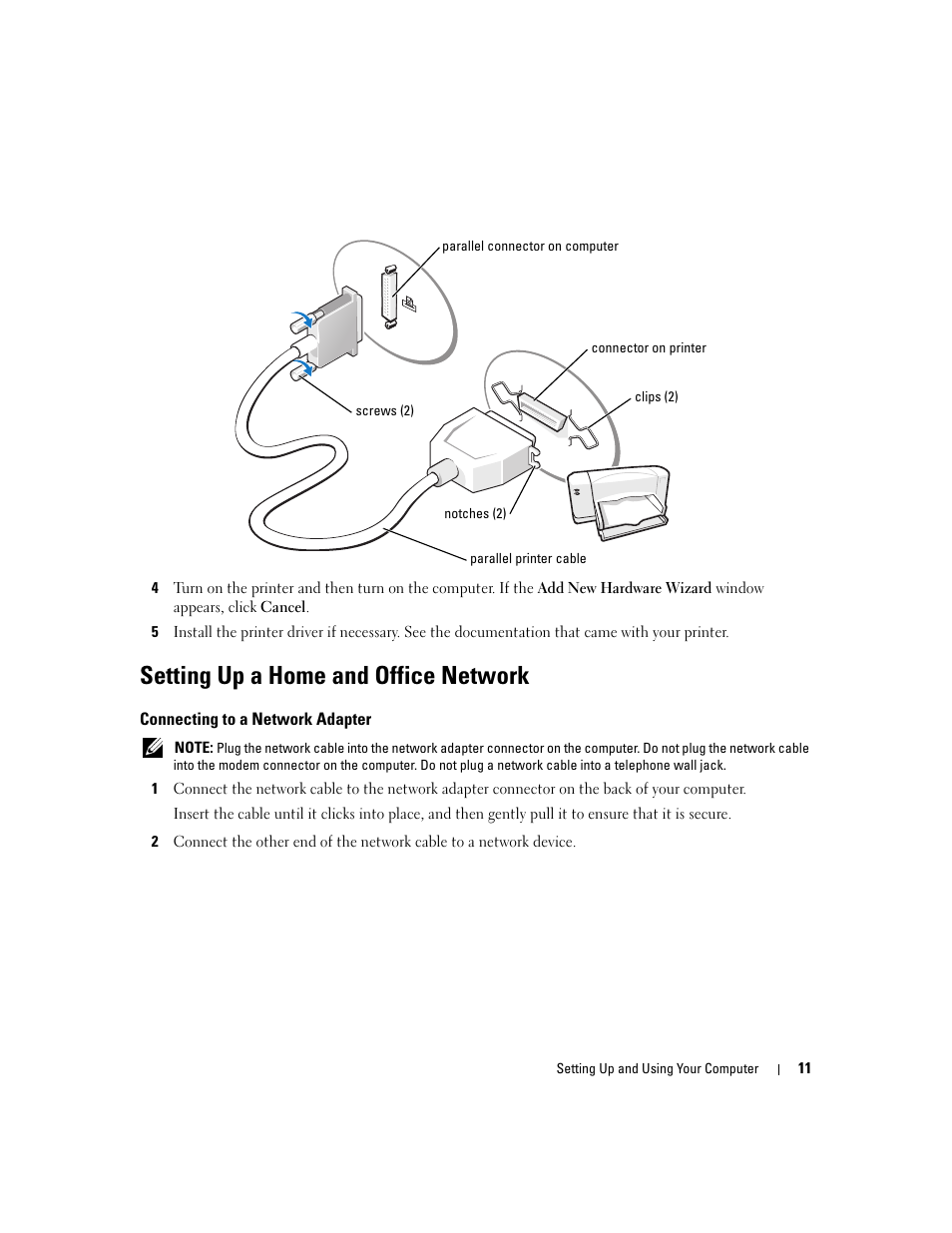 Setting up a home and office network, Connecting to a network adapter | Dell Dimension 3000 User Manual | Page 11 / 110