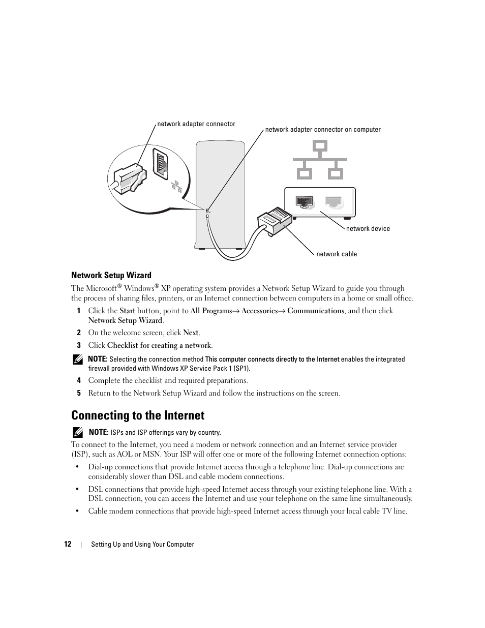 Network setup wizard, Connecting to the internet | Dell Dimension 3000 User Manual | Page 12 / 110