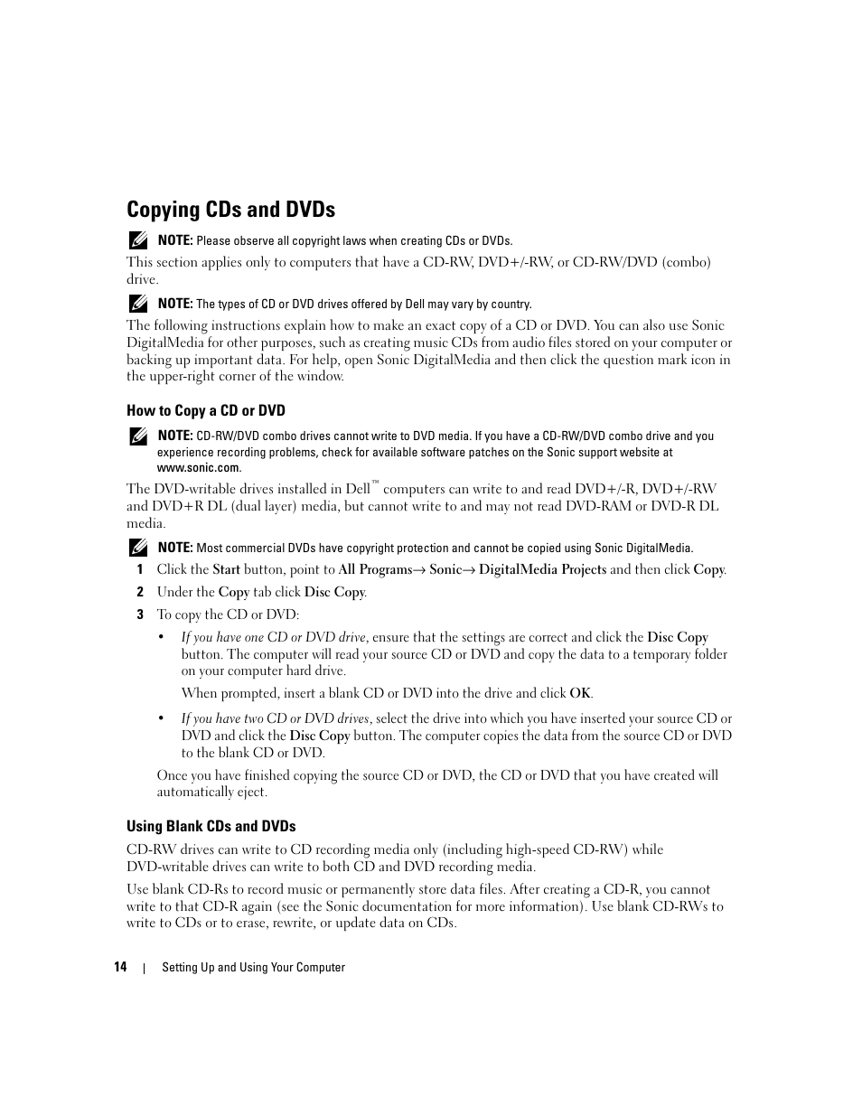 Copying cds and dvds, How to copy a cd or dvd, Using blank cds and dvds | Dell Dimension 3000 User Manual | Page 14 / 110