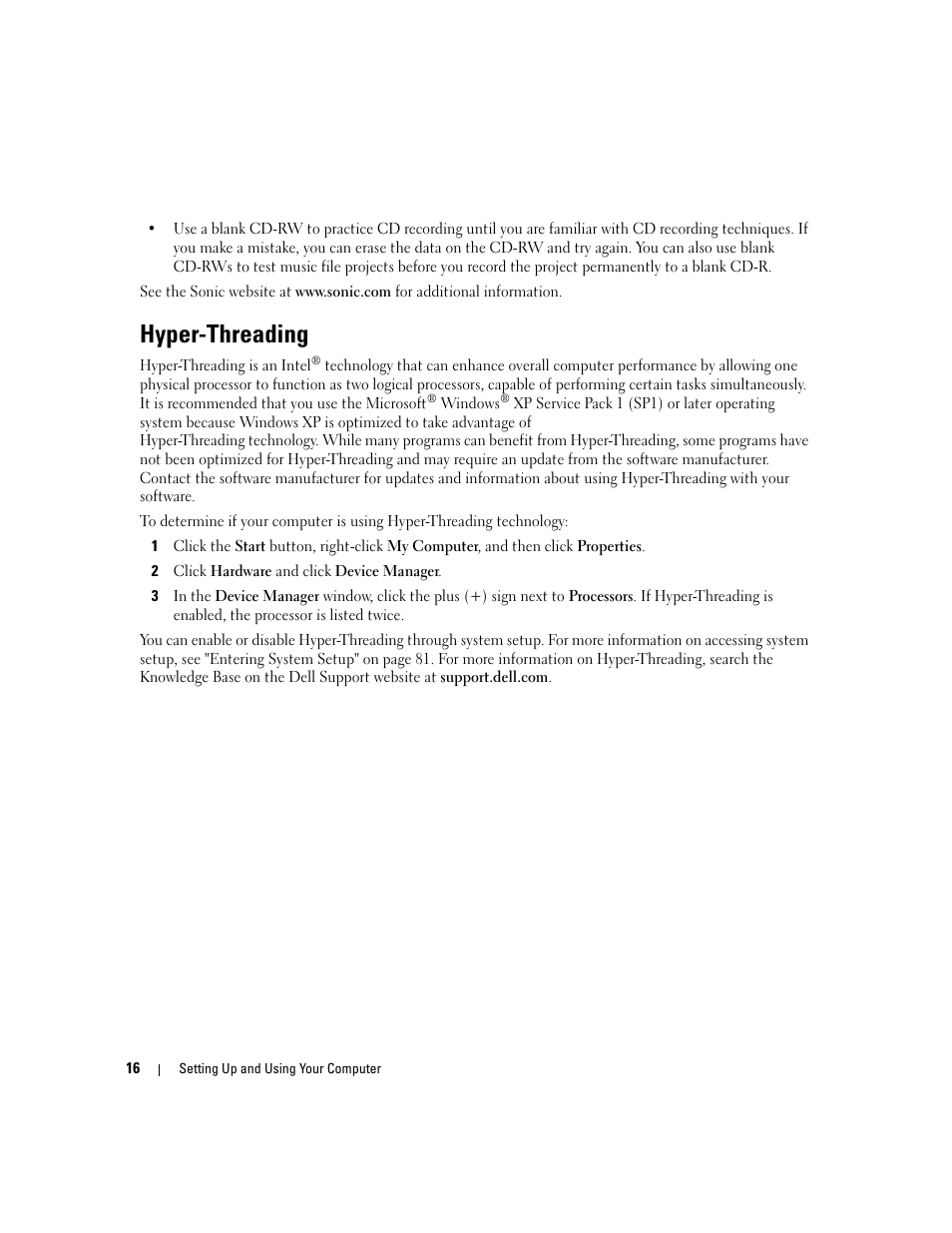 Hyper-threading, See the sonic website at | Dell Dimension 3000 User Manual | Page 16 / 110