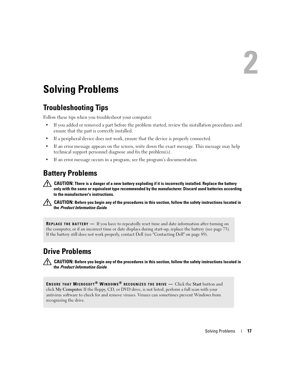 Solving problems, Troubleshooting tips, Battery problems | Drive problems | Dell Dimension 3000 User Manual | Page 17 / 110