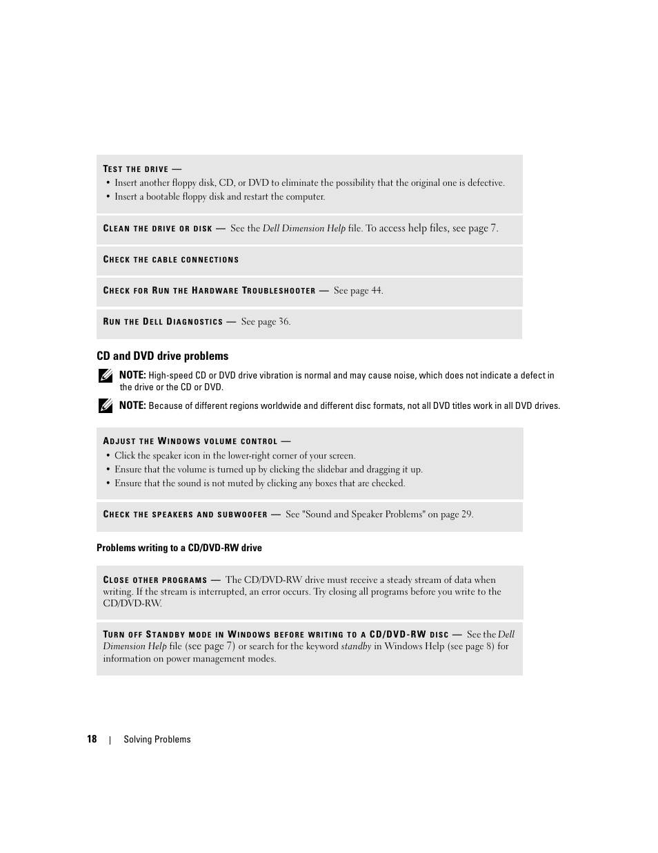 Cd and dvd drive problems | Dell Dimension 3000 User Manual | Page 18 / 110