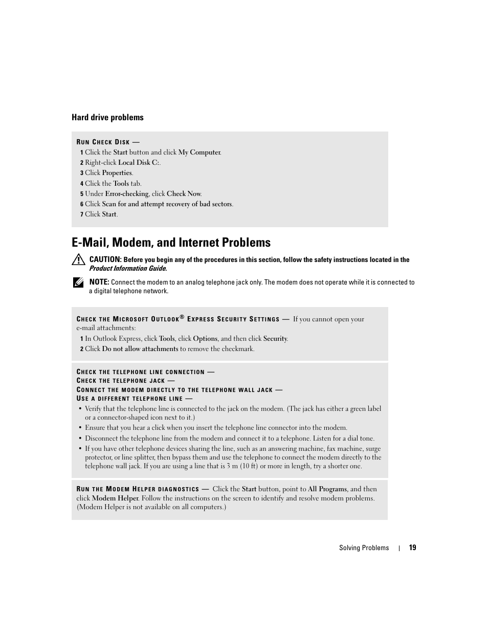 Hard drive problems, E-mail, modem, and internet problems | Dell Dimension 3000 User Manual | Page 19 / 110