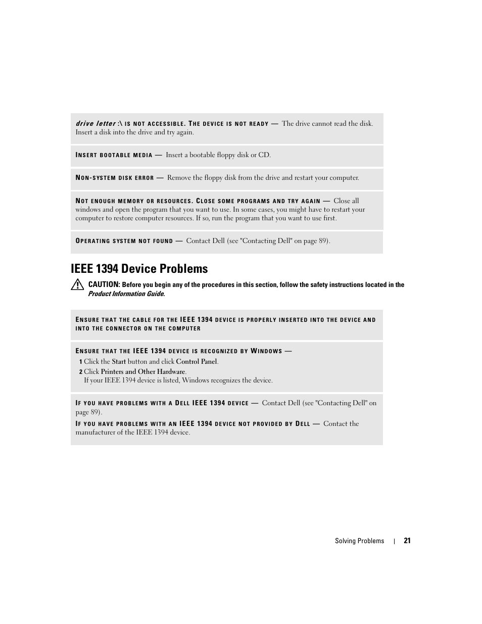 Ieee 1394 device problems | Dell Dimension 3000 User Manual | Page 21 / 110