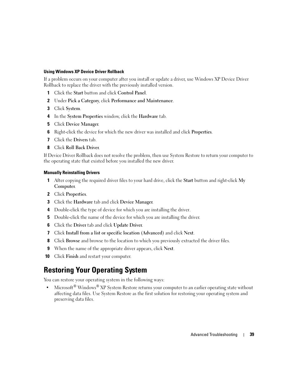 Restoring your operating system | Dell Dimension 3000 User Manual | Page 39 / 110