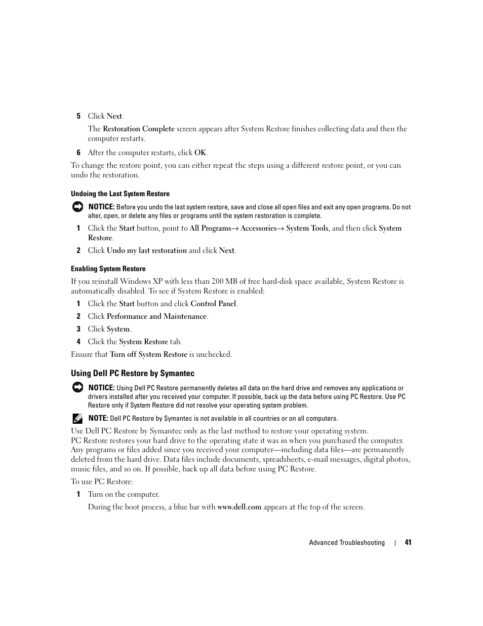 Using dell pc restore by symantec | Dell Dimension 3000 User Manual | Page 41 / 110