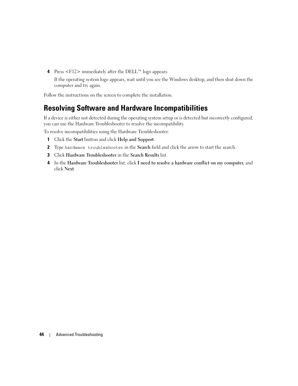 Resolving software and hardware incompatibilities | Dell Dimension 3000 User Manual | Page 44 / 110