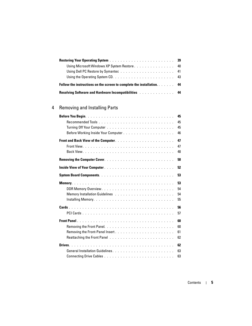 4removing and installing parts | Dell Dimension 3000 User Manual | Page 5 / 110