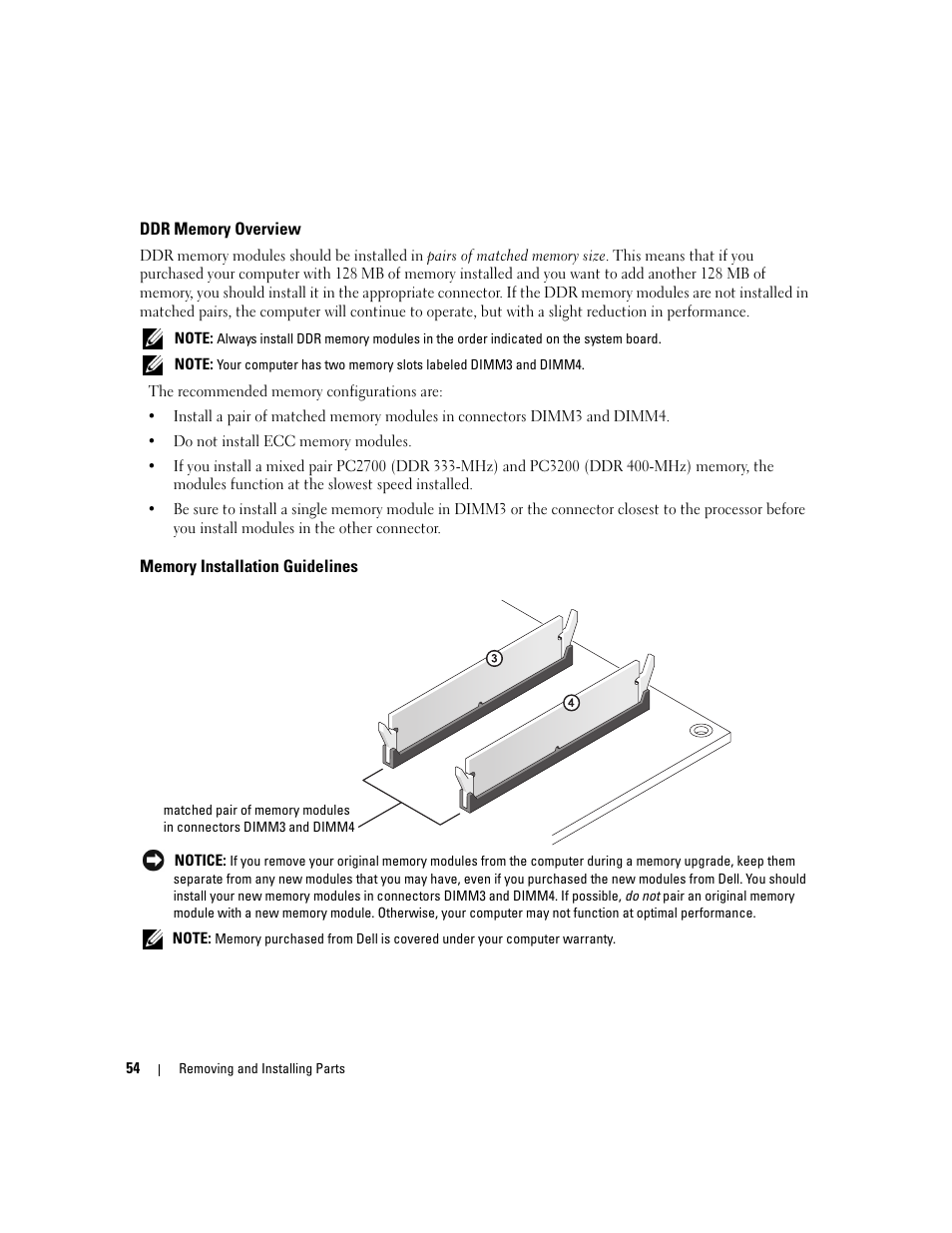 Ddr memory overview, Memory installation guidelines | Dell Dimension 3000 User Manual | Page 54 / 110