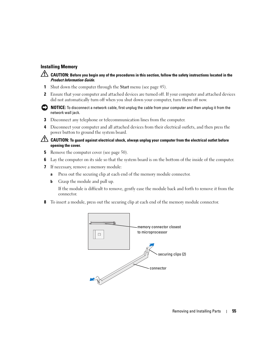 Installing memory | Dell Dimension 3000 User Manual | Page 55 / 110