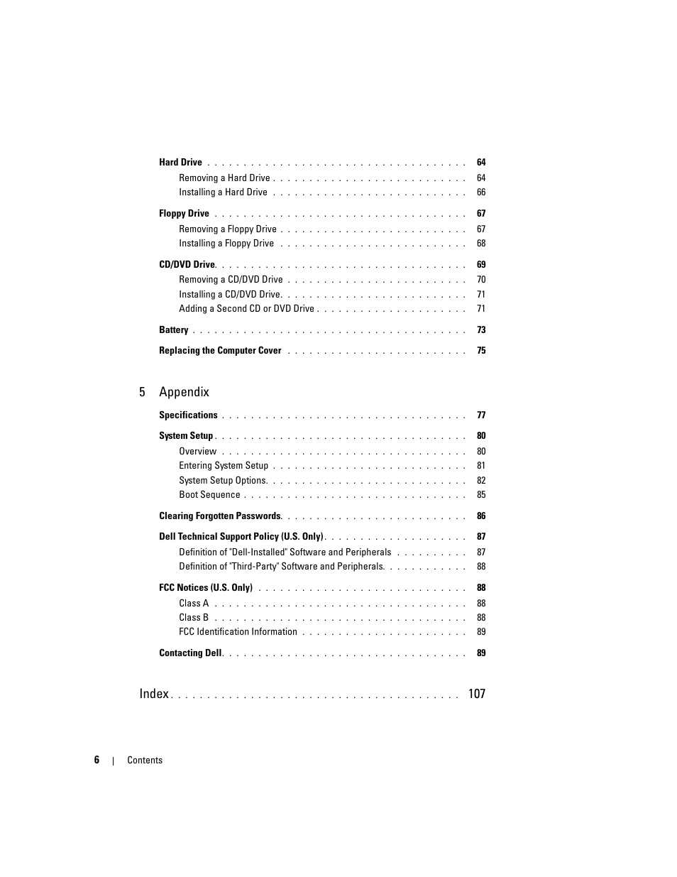 5appendix, Index | Dell Dimension 3000 User Manual | Page 6 / 110