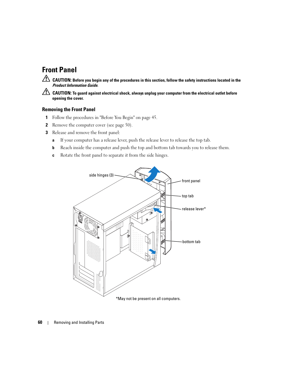 Front panel, Removing the front panel | Dell Dimension 3000 User Manual | Page 60 / 110