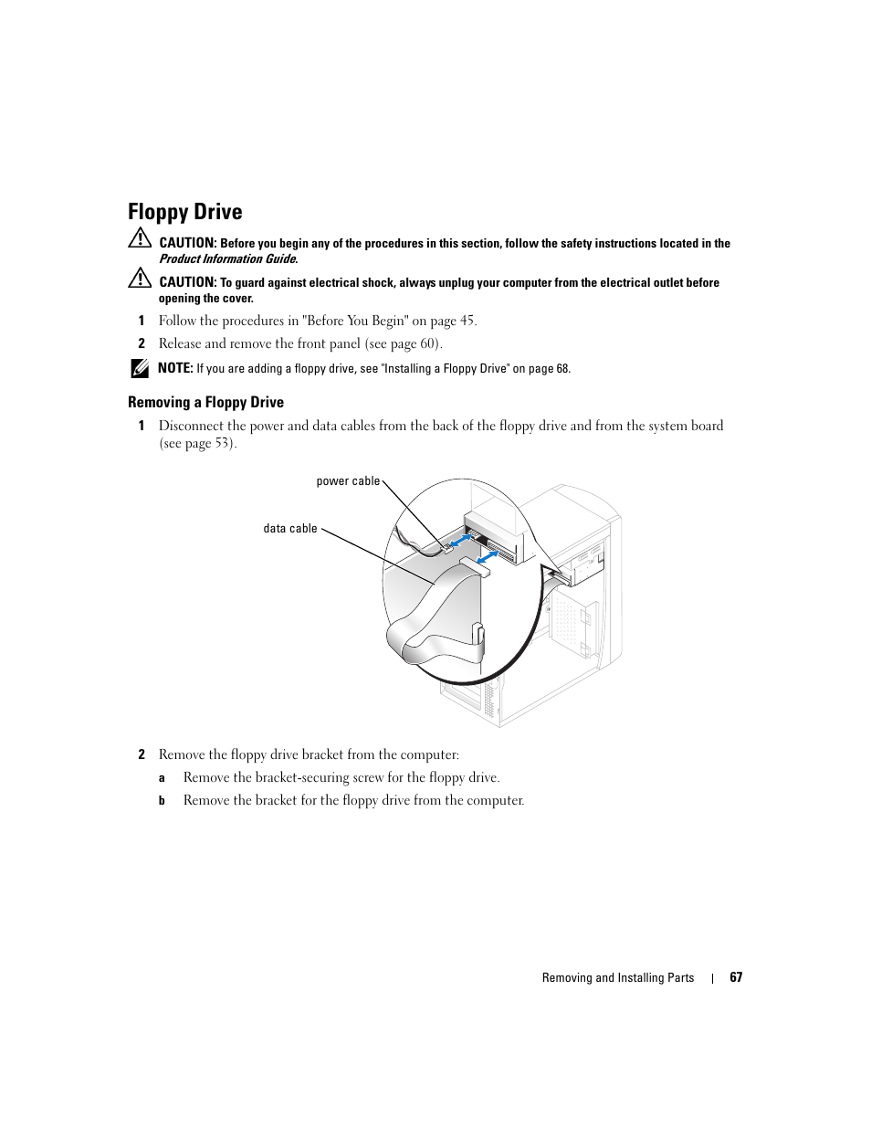 Floppy drive, Removing a floppy drive | Dell Dimension 3000 User Manual | Page 67 / 110