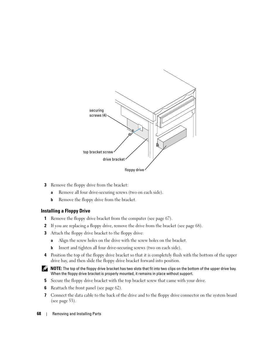 Installing a floppy drive | Dell Dimension 3000 User Manual | Page 68 / 110