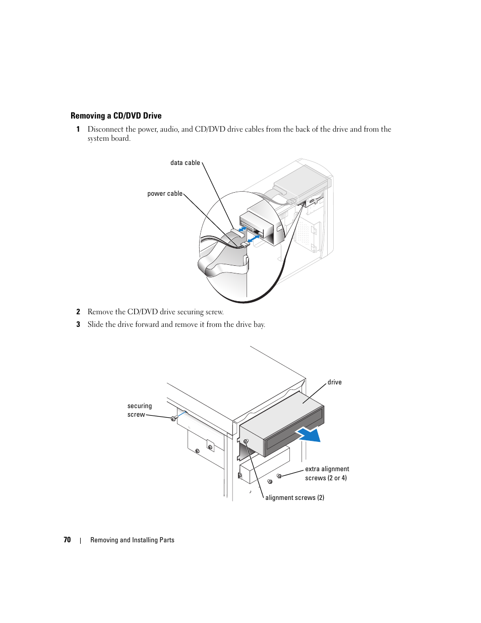 Removing a cd/dvd drive | Dell Dimension 3000 User Manual | Page 70 / 110