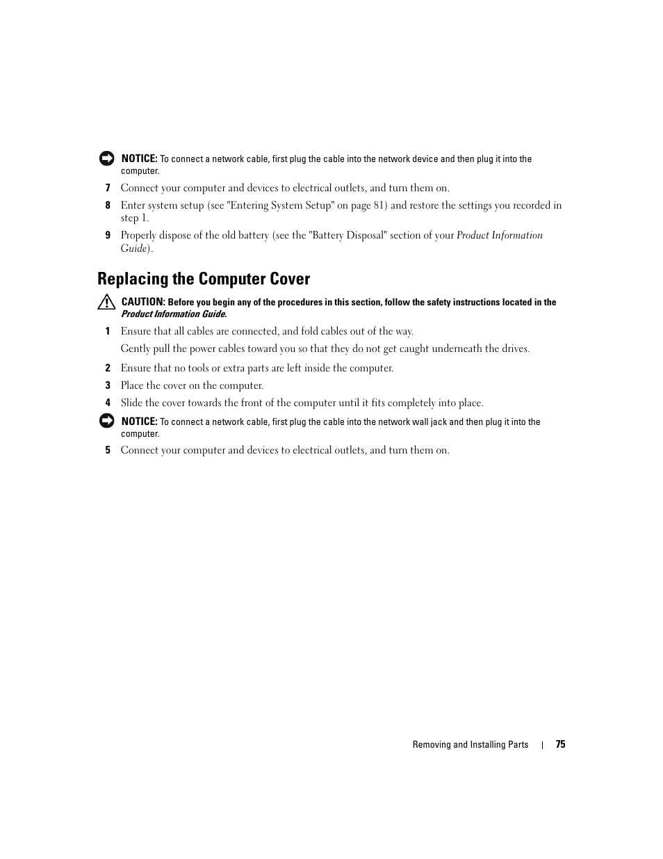Replacing the computer cover, Ect settings in step 8 | Dell Dimension 3000 User Manual | Page 75 / 110