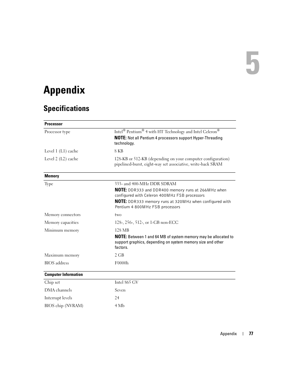 Appendix, Specifications | Dell Dimension 3000 User Manual | Page 77 / 110