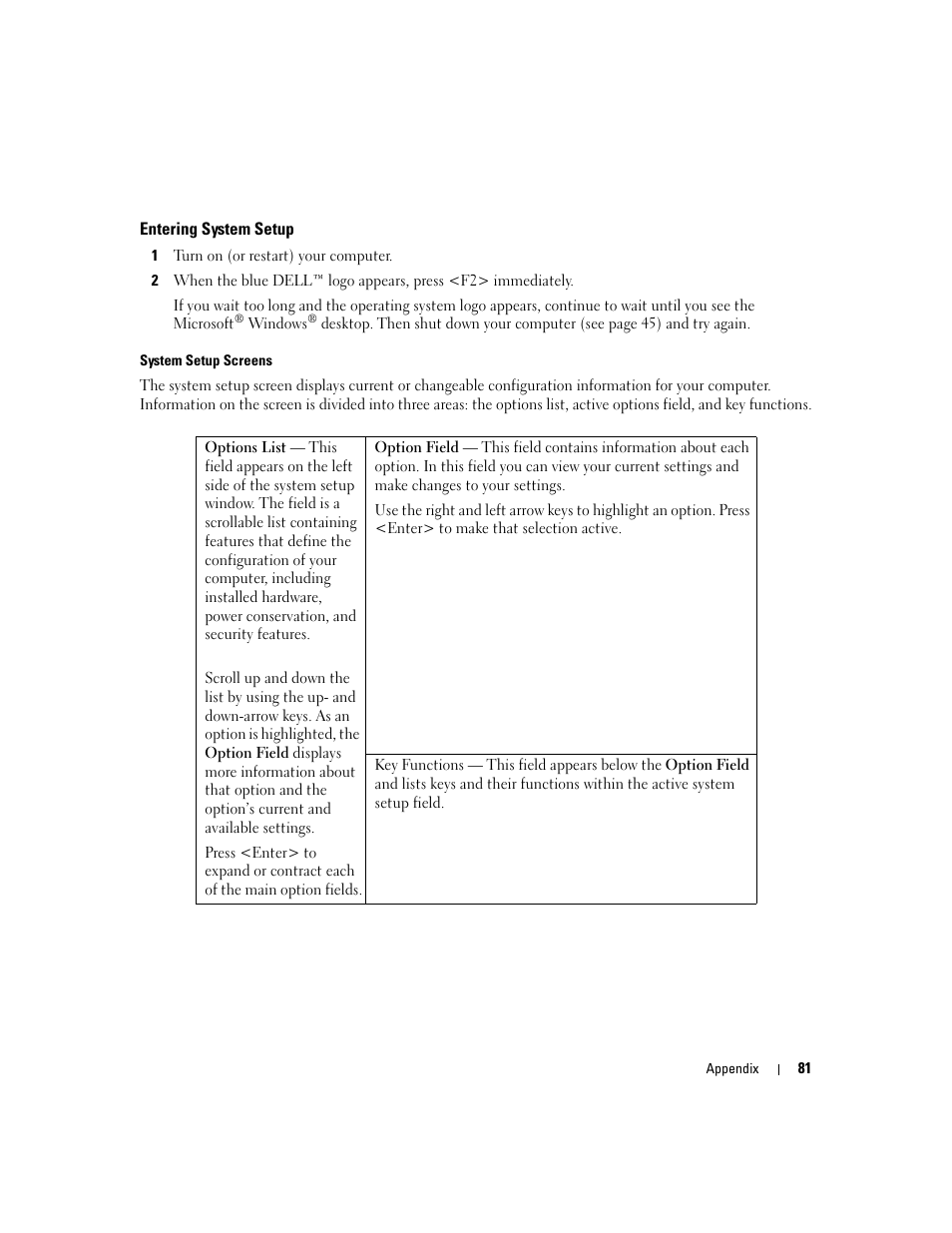 Entering system setup | Dell Dimension 3000 User Manual | Page 81 / 110