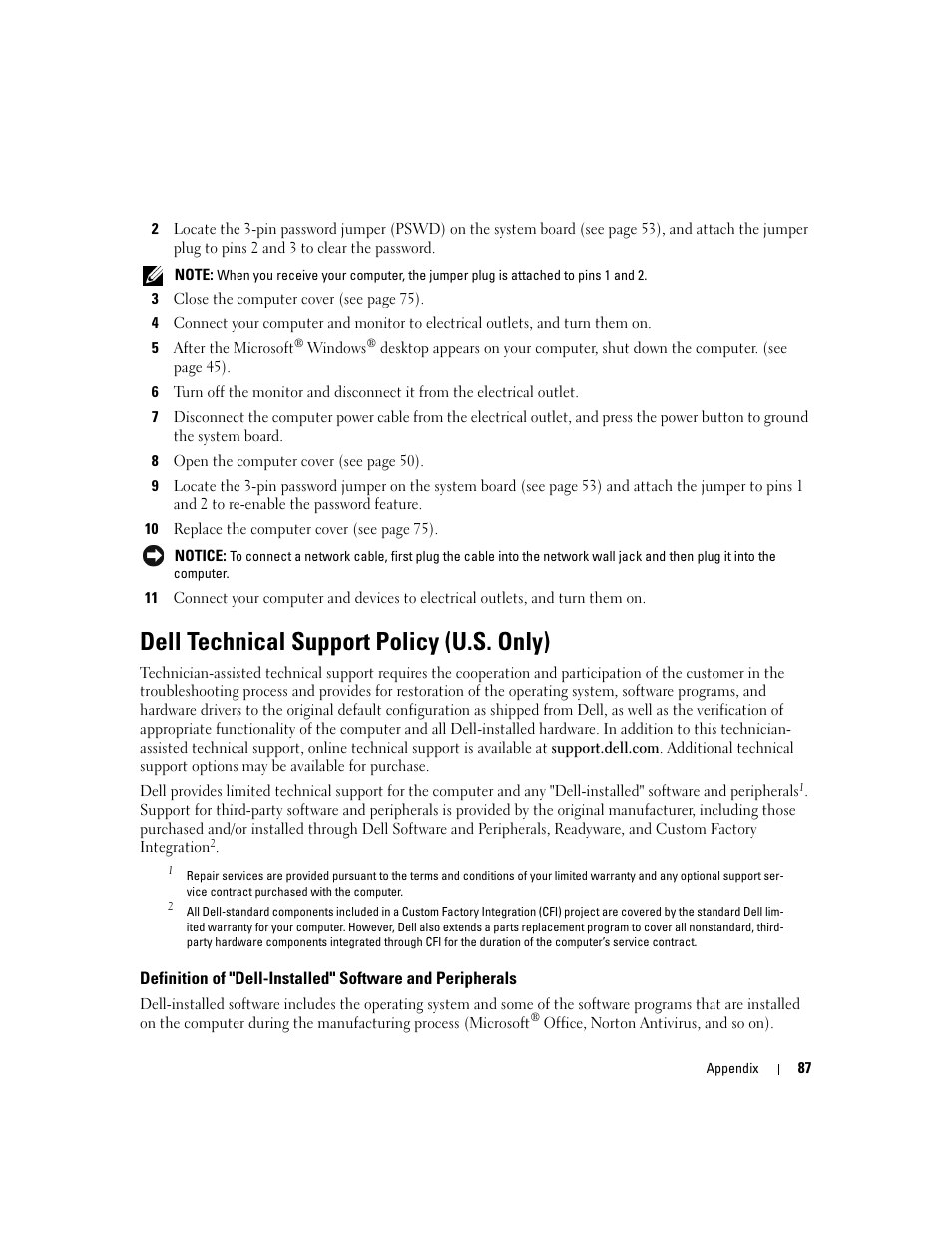 Dell technical support policy (u.s. only) | Dell Dimension 3000 User Manual | Page 87 / 110