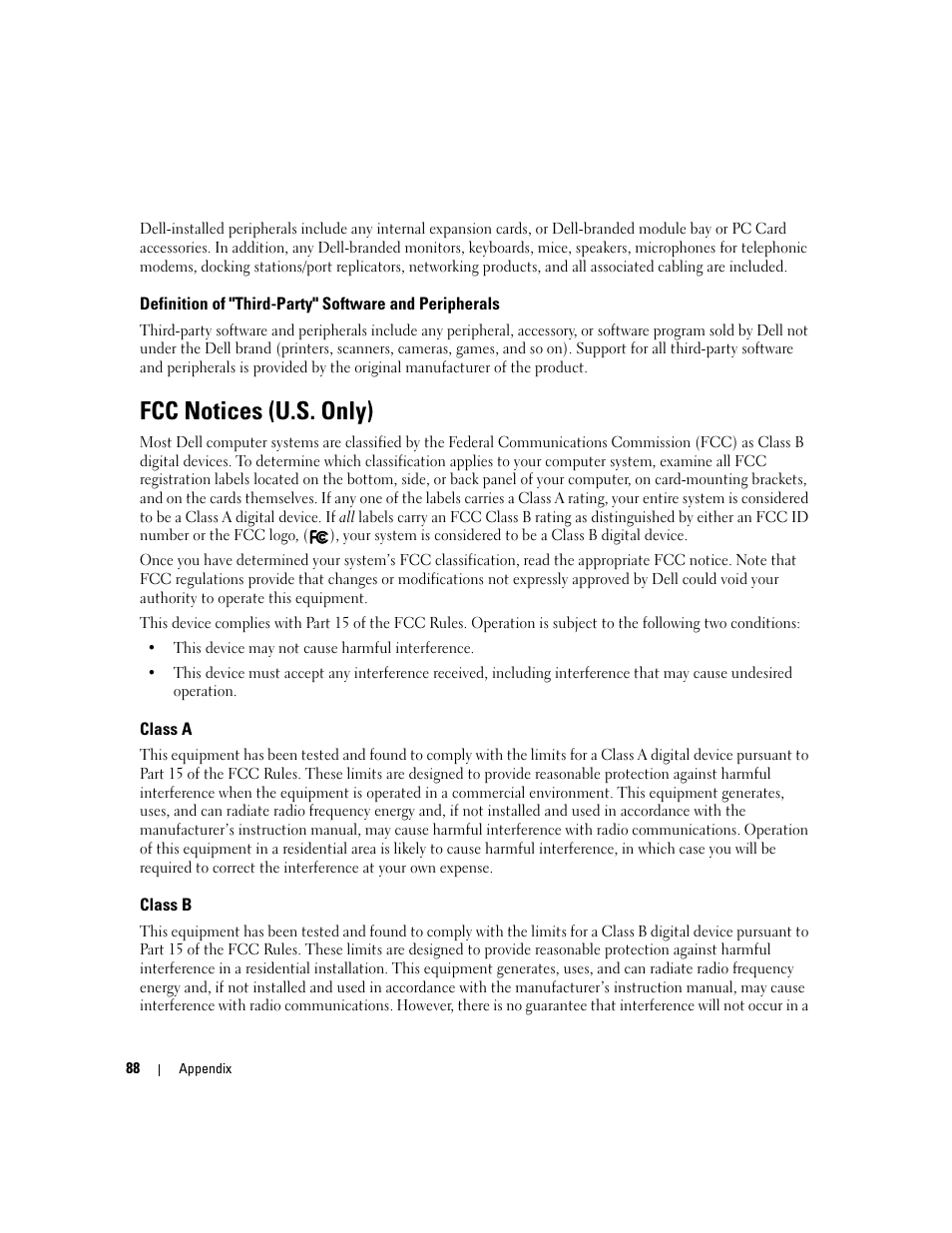 Fcc notices (u.s. only), Class a, Class b | Dell Dimension 3000 User Manual | Page 88 / 110