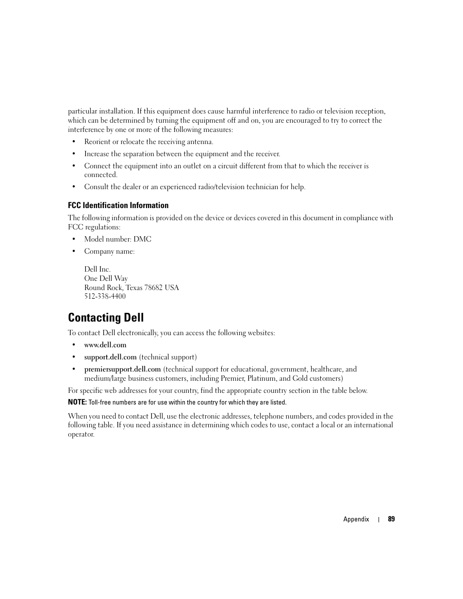 Fcc identification information, Contacting dell, Contact dell (see "contacting dell" on | Dell Dimension 3000 User Manual | Page 89 / 110