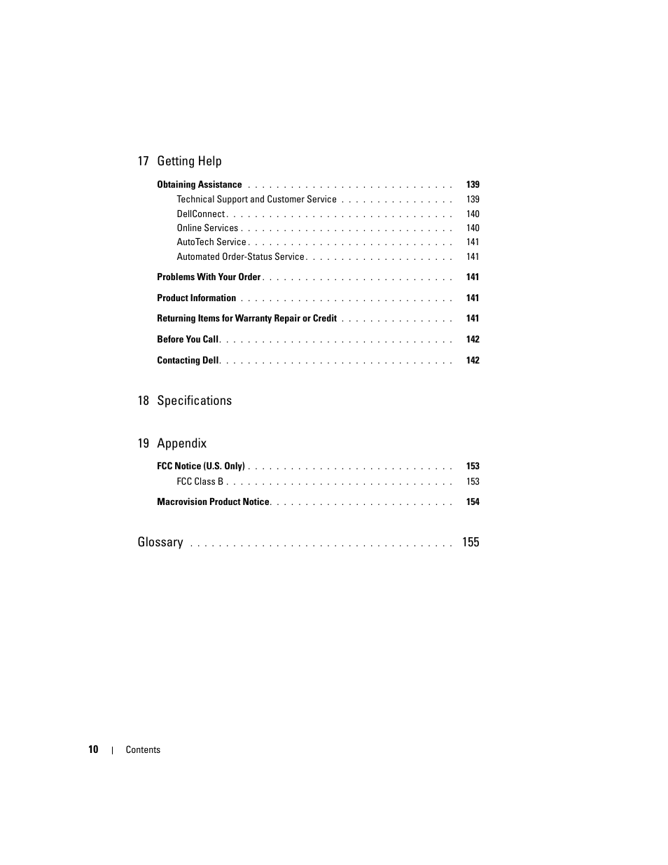17 getting help, 18 specifications 19 appendix, Glossary | Dell Latitude D631 (Early 2009) User Manual | Page 10 / 164