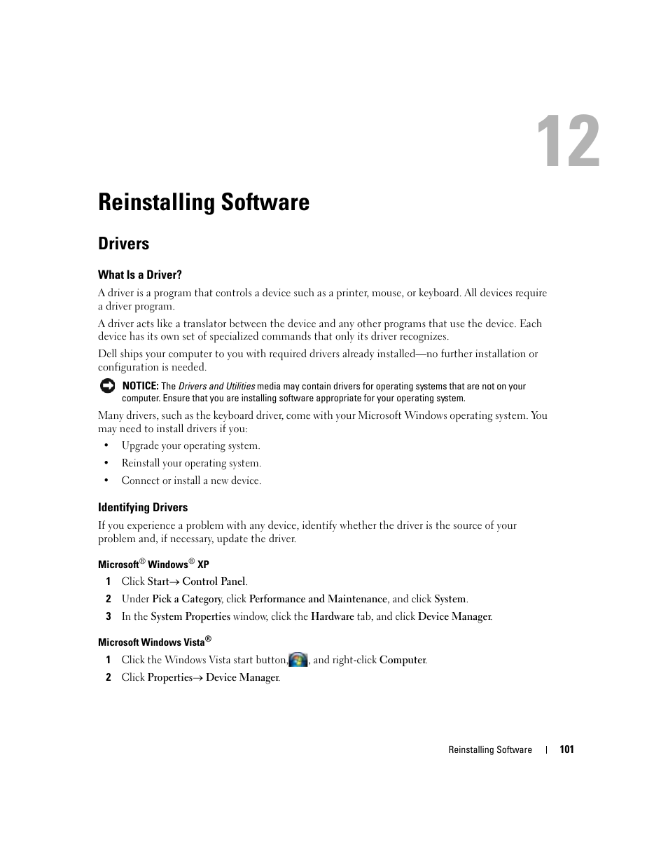 Reinstalling software, Drivers, What is a driver | Identifying drivers, 12 reinstalling software | Dell Latitude D631 (Early 2009) User Manual | Page 101 / 164