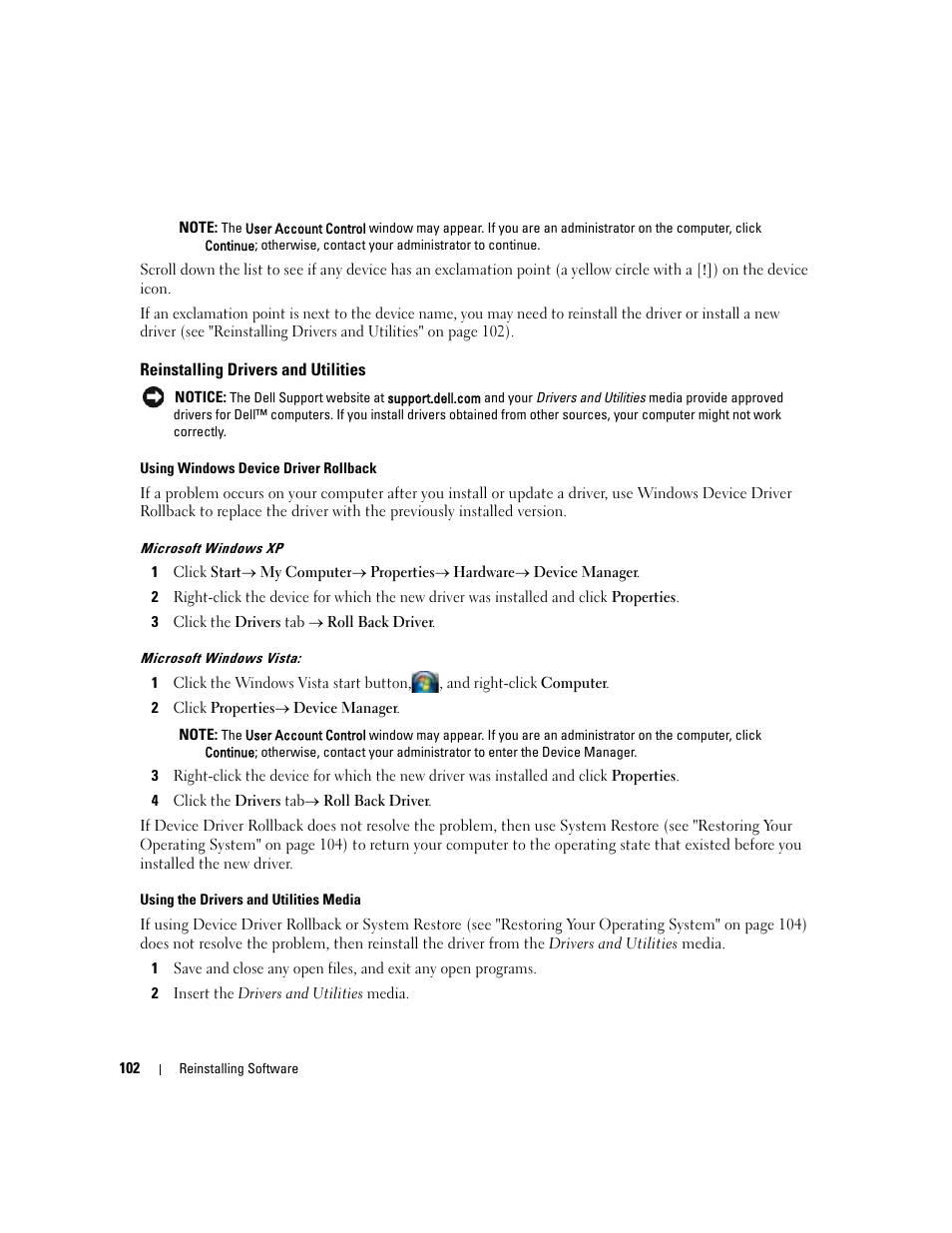 Reinstalling drivers and utilities | Dell Latitude D631 (Early 2009) User Manual | Page 102 / 164
