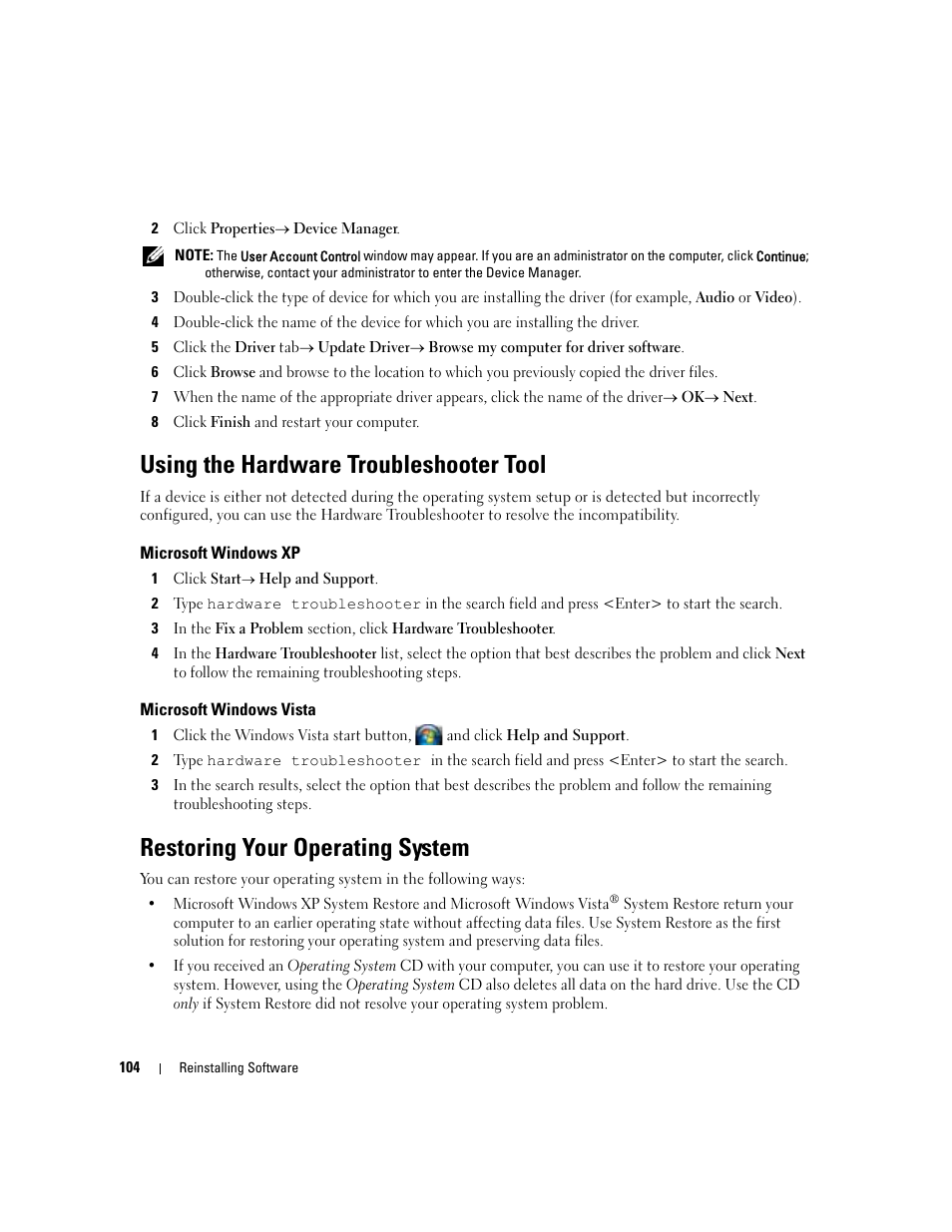 Using the hardware troubleshooter tool, Microsoft windows xp, Microsoft windows vista | Restoring your operating system, Restoring your | Dell Latitude D631 (Early 2009) User Manual | Page 104 / 164