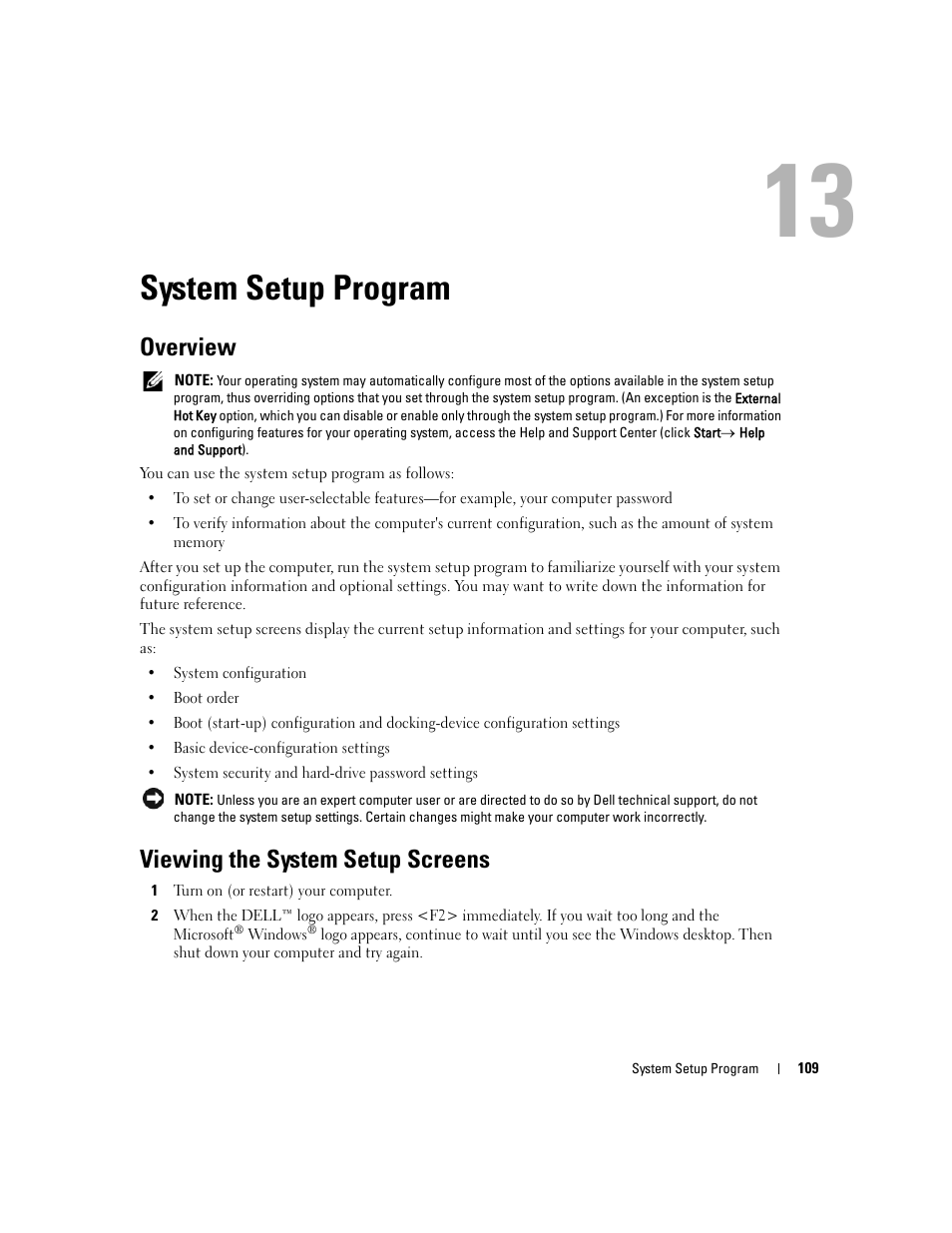 System setup program, Overview, Viewing the system setup screens | 13 system setup program, System | Dell Latitude D631 (Early 2009) User Manual | Page 109 / 164