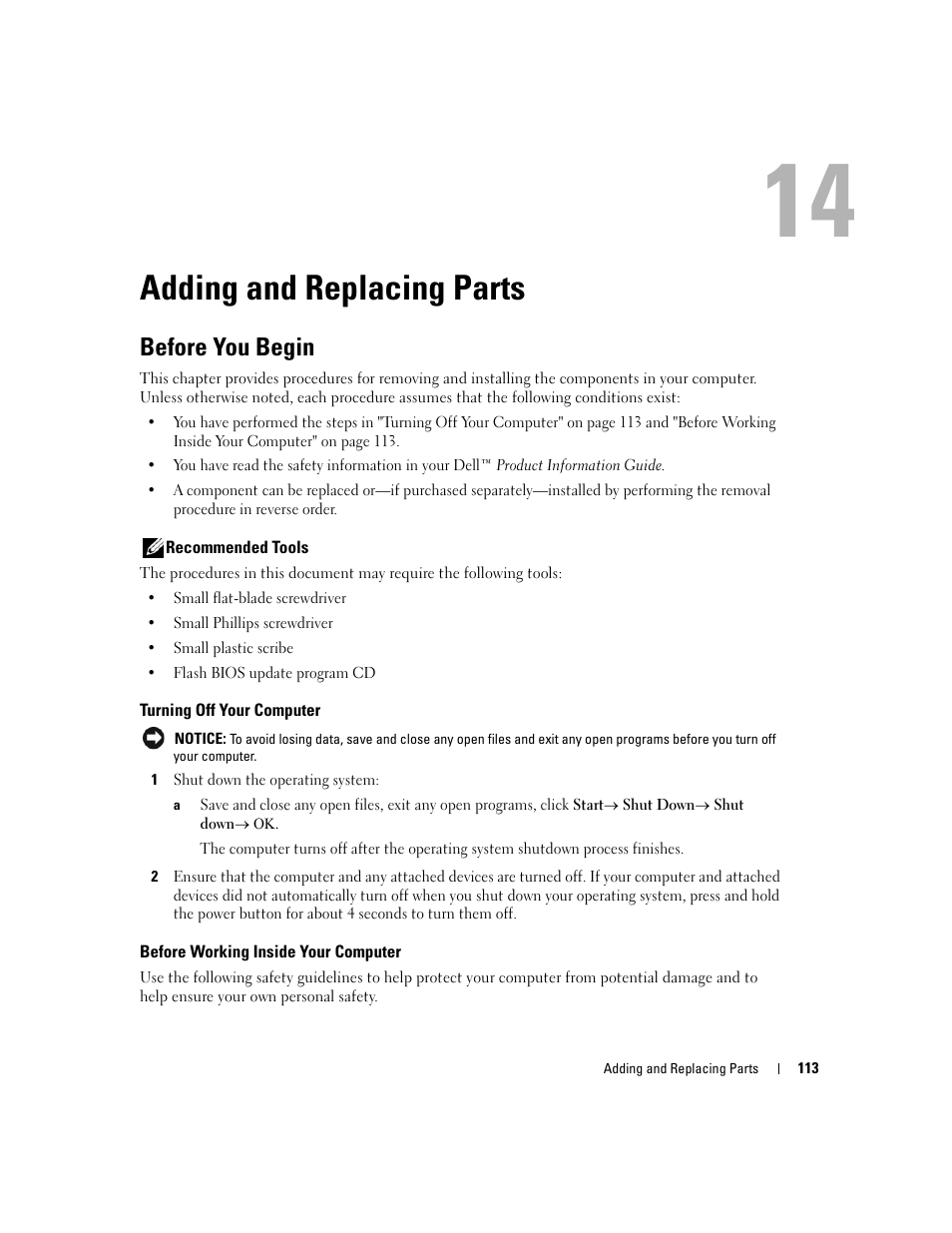Adding and replacing parts, Before you begin, Recommended tools | Turning off your computer, Before working inside your computer, 14 adding and replacing parts | Dell Latitude D631 (Early 2009) User Manual | Page 113 / 164