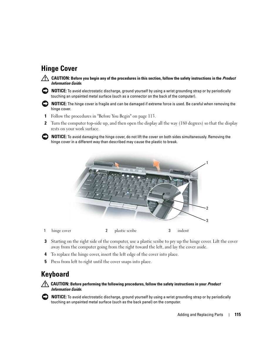 Hinge cover, Keyboard | Dell Latitude D631 (Early 2009) User Manual | Page 115 / 164