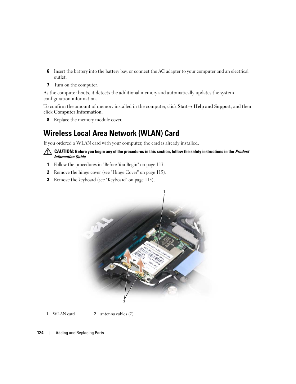 Wireless local area network (wlan) card | Dell Latitude D631 (Early 2009) User Manual | Page 124 / 164