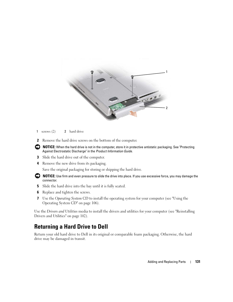 Returning a hard drive to dell, Use the | Dell Latitude D631 (Early 2009) User Manual | Page 131 / 164