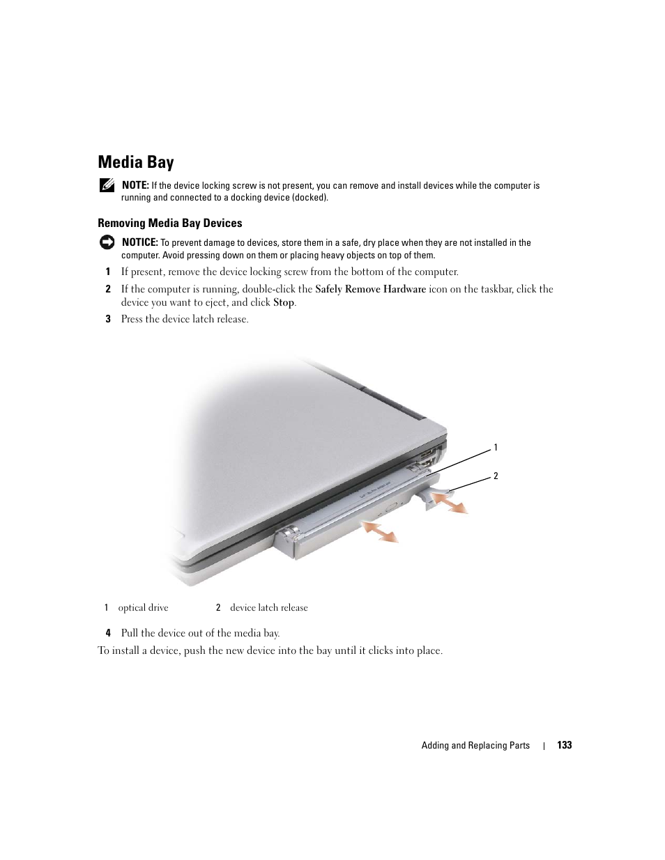 Media bay, Removing media bay devices | Dell Latitude D631 (Early 2009) User Manual | Page 133 / 164