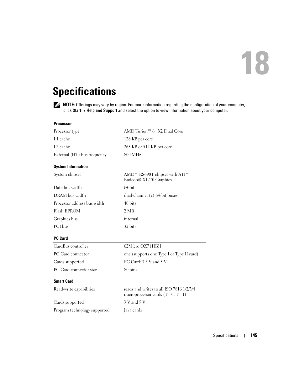 Specifications, 18 specifications | Dell Latitude D631 (Early 2009) User Manual | Page 145 / 164